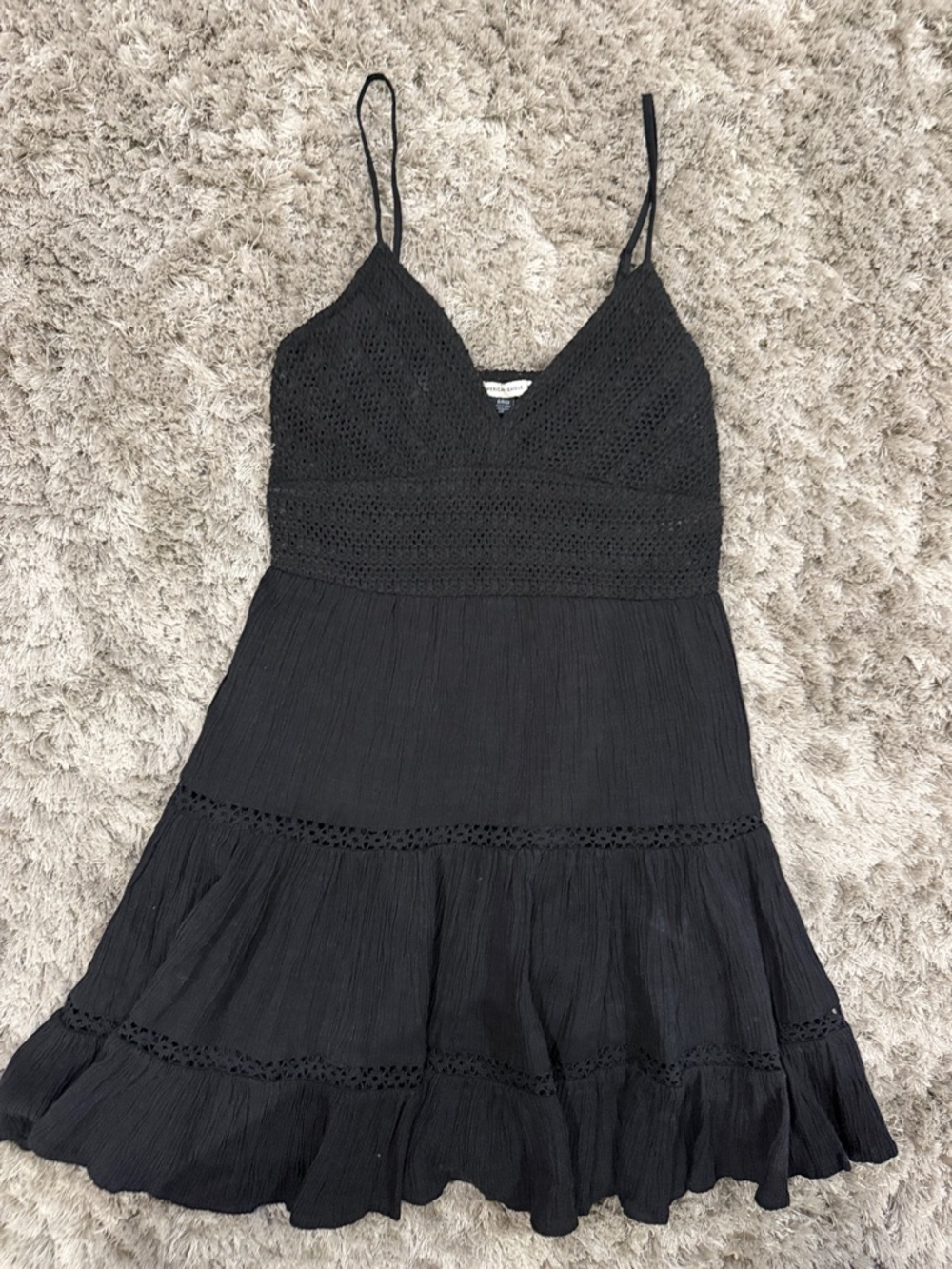 American Eagle Black Spaghetti-Strap Crochet Tiered Dress